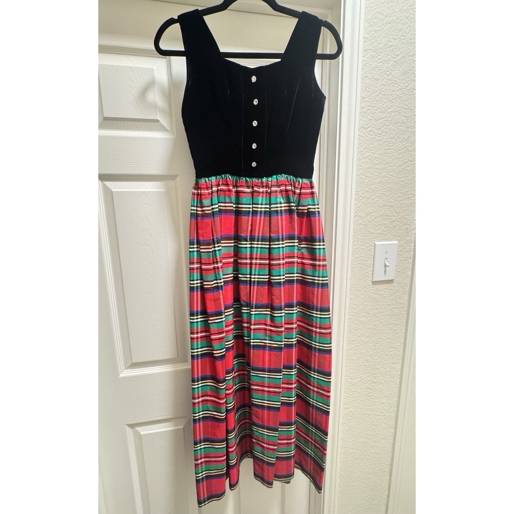 Holiday Party Dress Velvet Taffeta Tartan Plaid Teena Paige Vtg Xmas Jr Sz 7